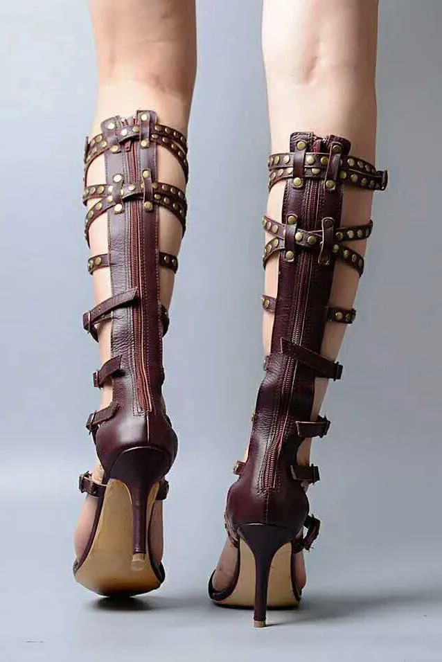 Rivets Straps Cross Open Toe Back Zipper Stiletto High Heels Long Boot Sandals