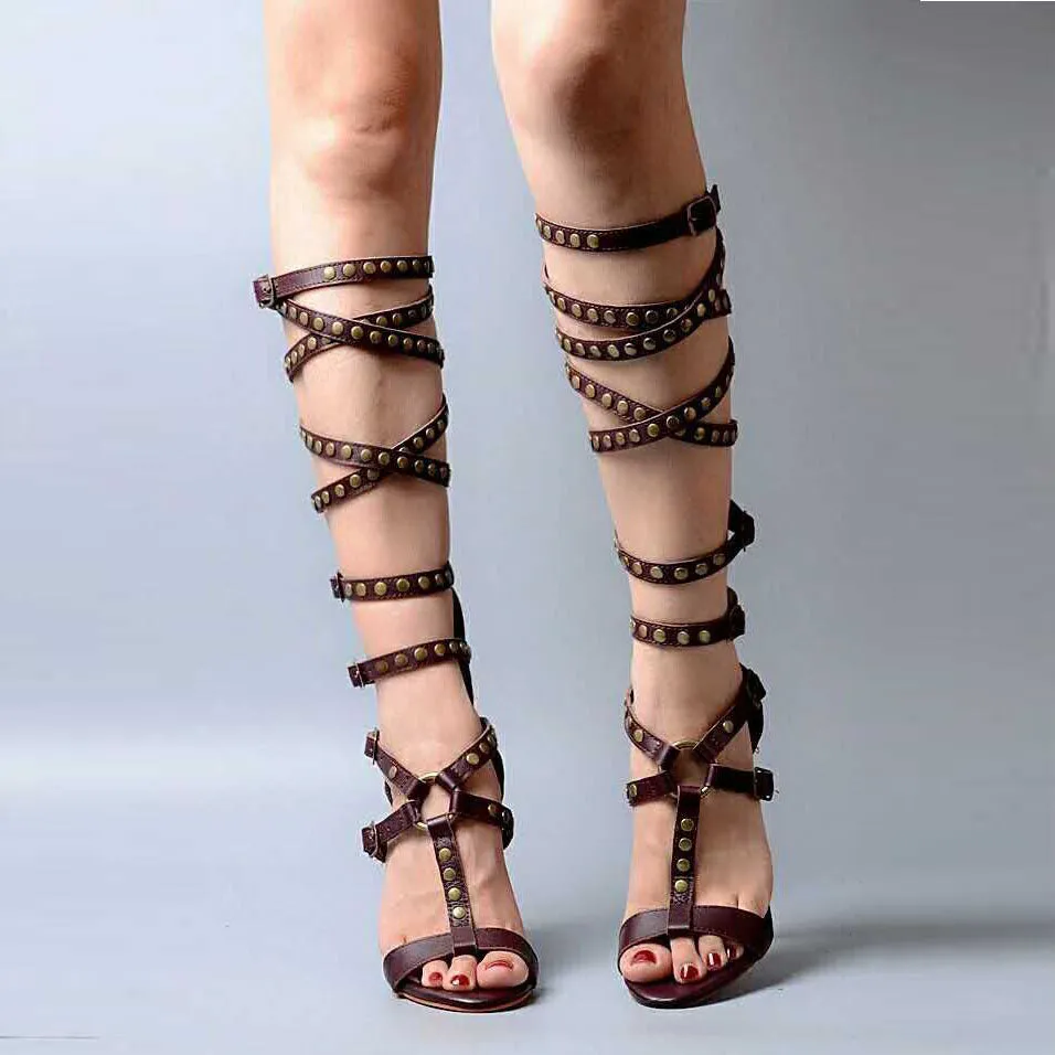 Rivets Straps Cross Open Toe Back Zipper Stiletto High Heels Long Boot Sandals