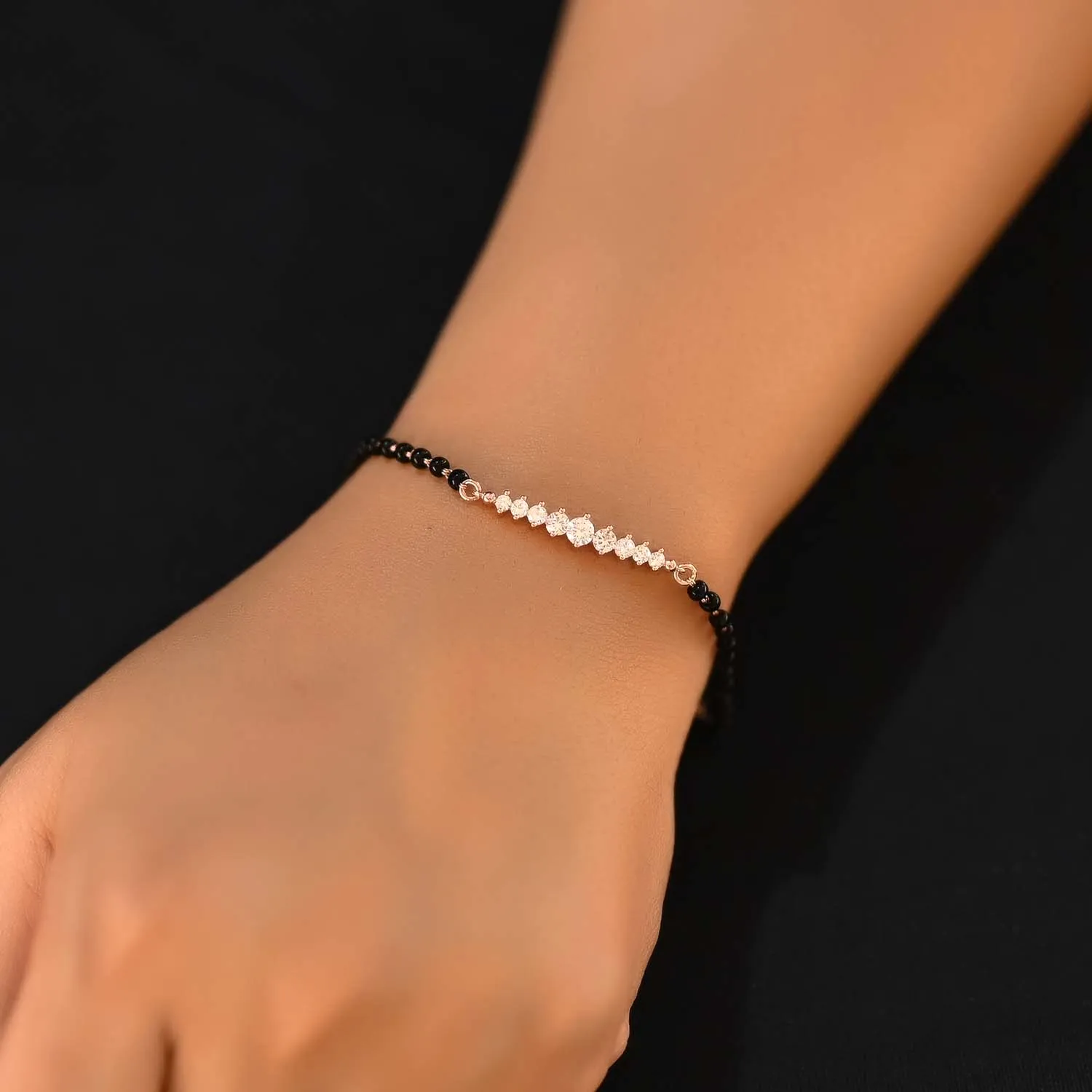 Sharmila Diamond Piece With Black Beads Rose Plated Hand Mangal Sutra