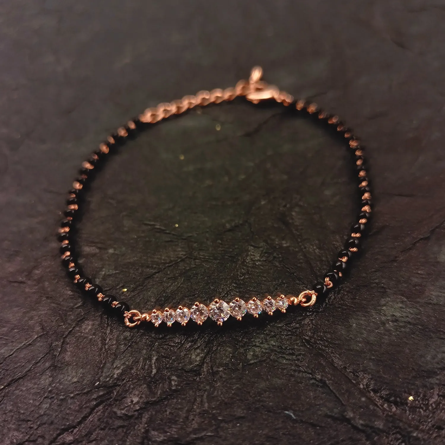 Sharmila Diamond Piece With Black Beads Rose Plated Hand Mangal Sutra