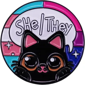 She/They Pronouns Cute Black Cat Metal Badge Rainbow Animal Brooch Pin for Pride Parades or Everyday Wear