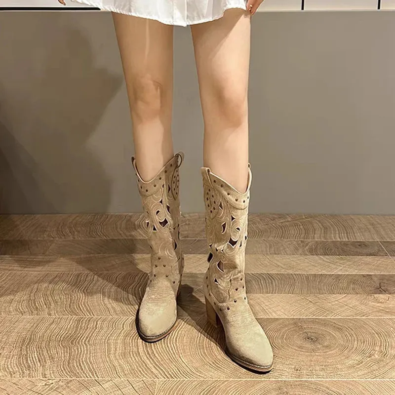 Sohiwoo Hollow Embroidered Vintage Western Boots Women Autumn Chunky Heels Knee High Cowboy Boots Woman Pu Leather Knight Booties