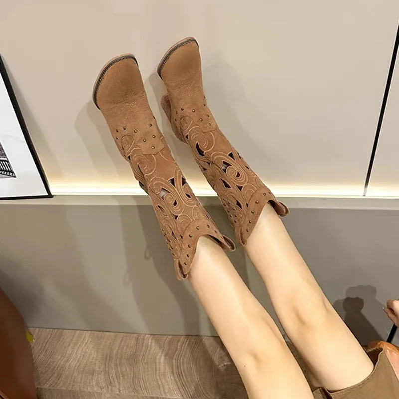 Sohiwoo Hollow Embroidered Vintage Western Boots Women Autumn Chunky Heels Knee High Cowboy Boots Woman Pu Leather Knight Booties