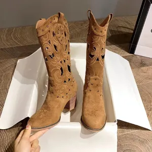 Sohiwoo Hollow Embroidered Vintage Western Boots Women Autumn Chunky Heels Knee High Cowboy Boots Woman Pu Leather Knight Booties