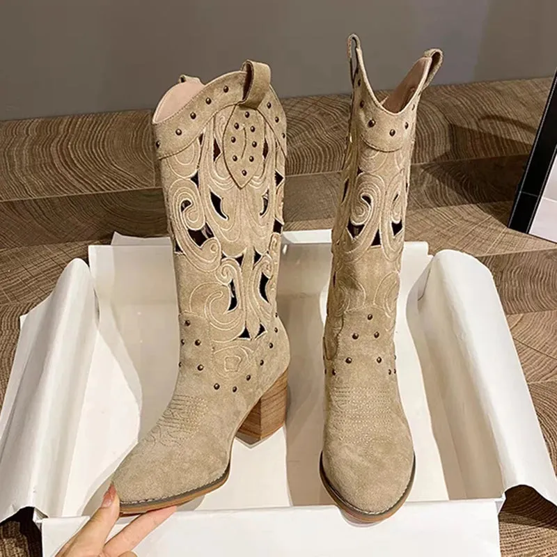 Sohiwoo Hollow Embroidered Vintage Western Boots Women Autumn Chunky Heels Knee High Cowboy Boots Woman Pu Leather Knight Booties