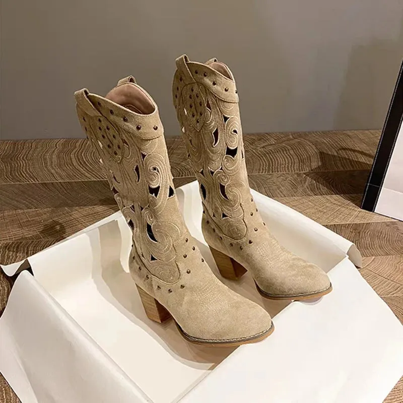 Sohiwoo Hollow Embroidered Vintage Western Boots Women Autumn Chunky Heels Knee High Cowboy Boots Woman Pu Leather Knight Booties