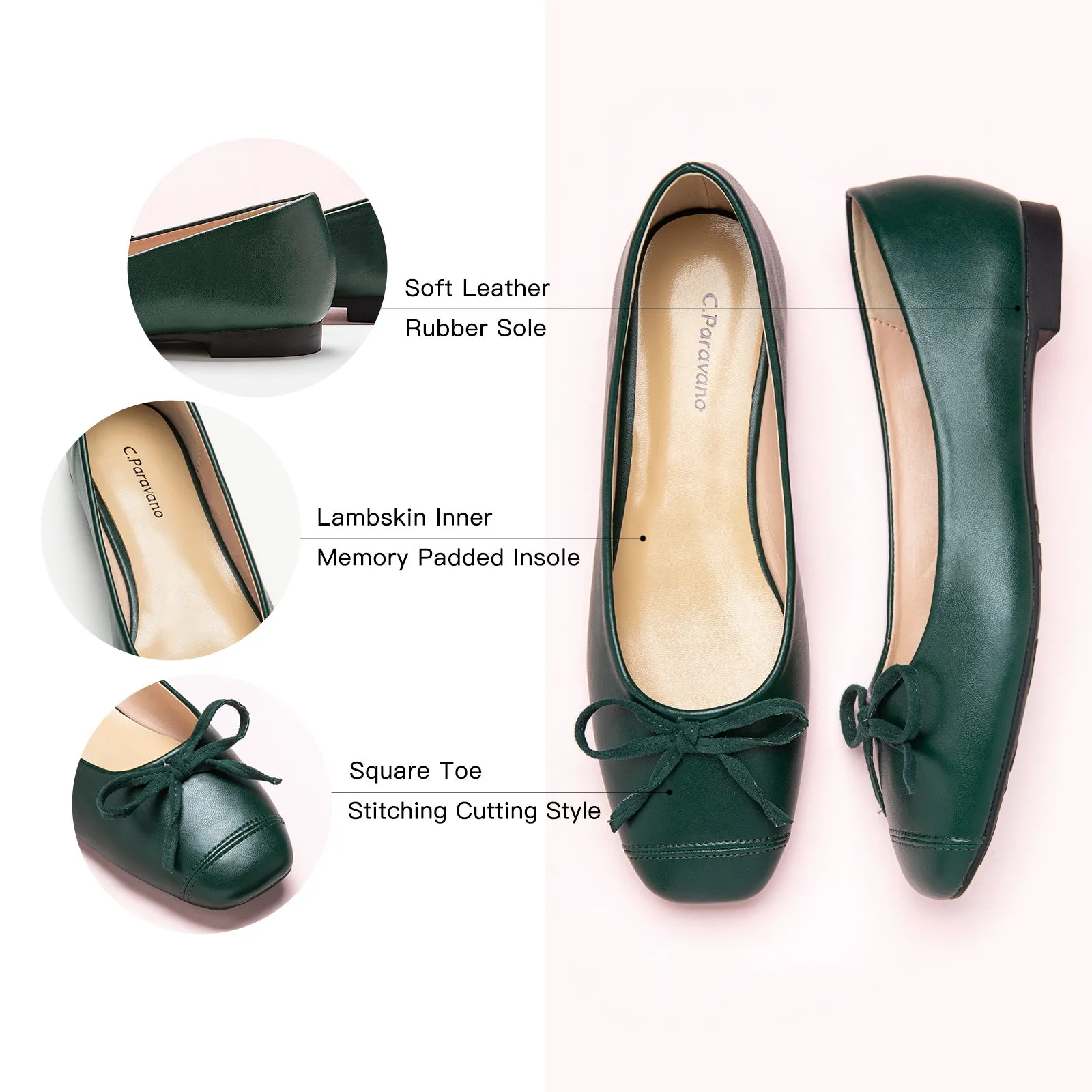 Stitching Toe Ballet Flats (Elena) Dark Green