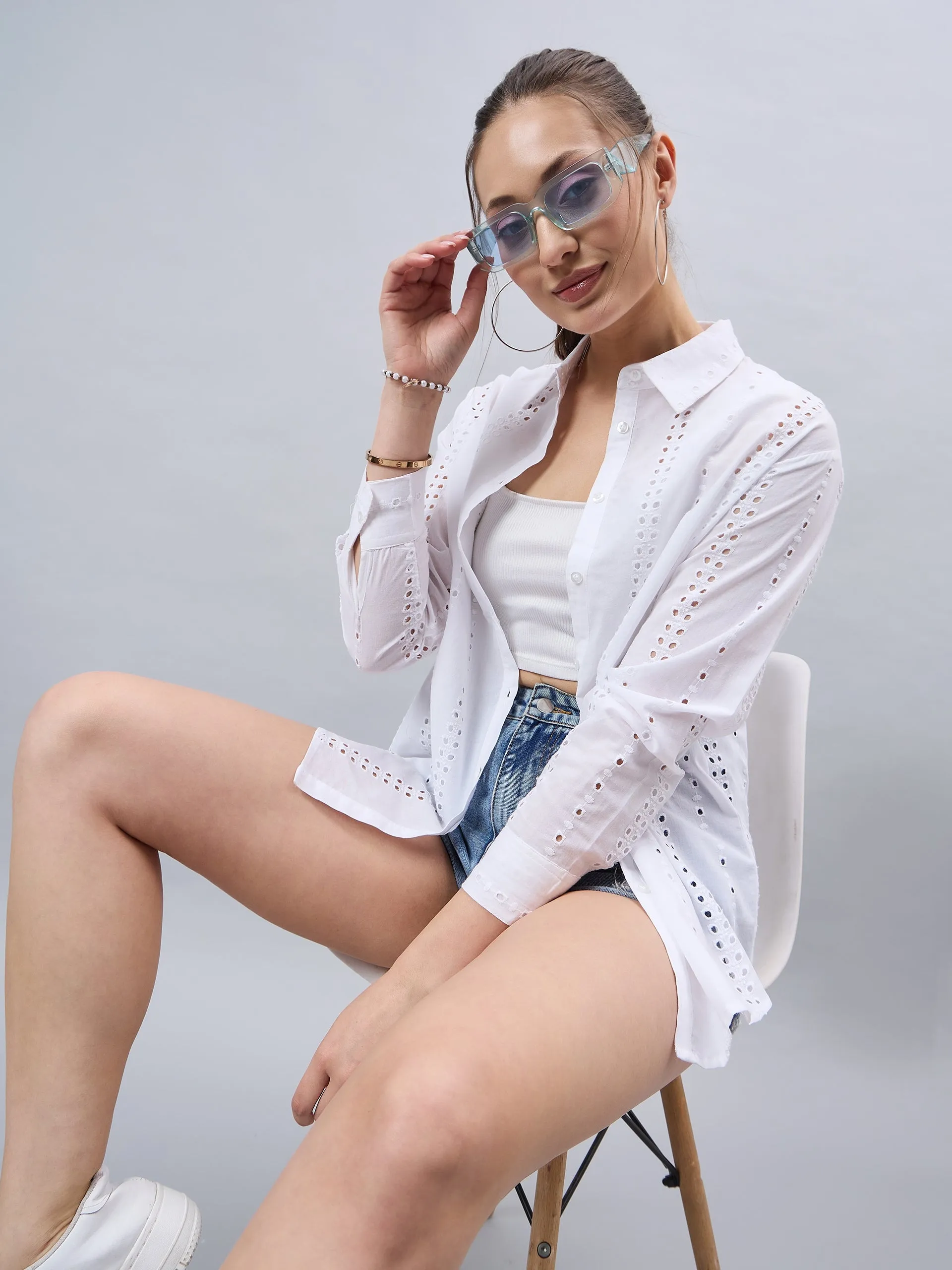 Style Quotient Women White Cotton Comfort Fit Hakoba Shirt