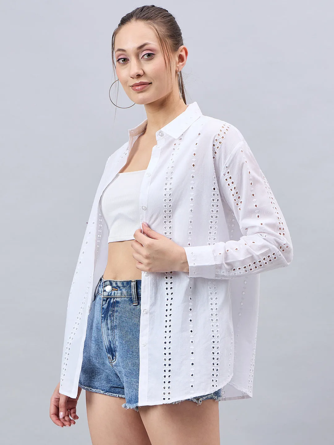 Style Quotient Women White Cotton Comfort Fit Hakoba Shirt