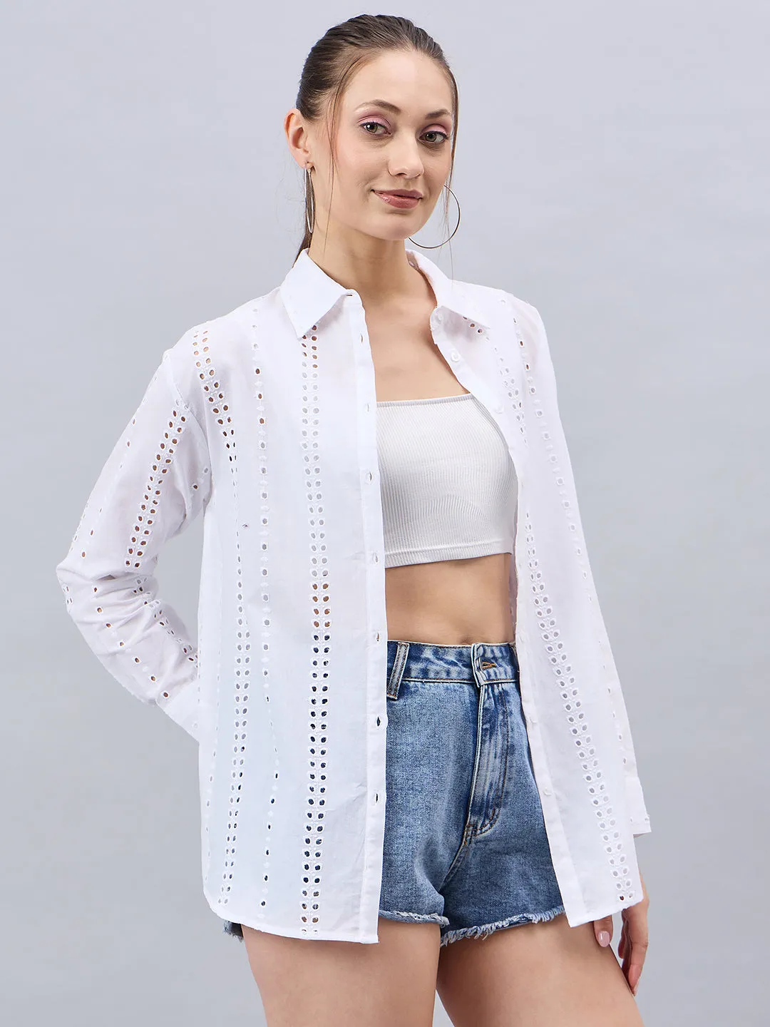 Style Quotient Women White Cotton Comfort Fit Hakoba Shirt