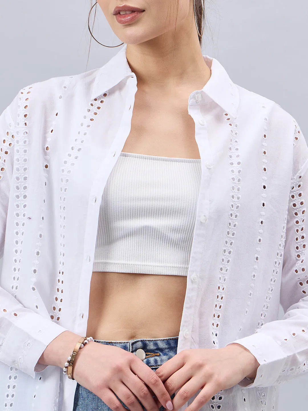 Style Quotient Women White Cotton Comfort Fit Hakoba Shirt