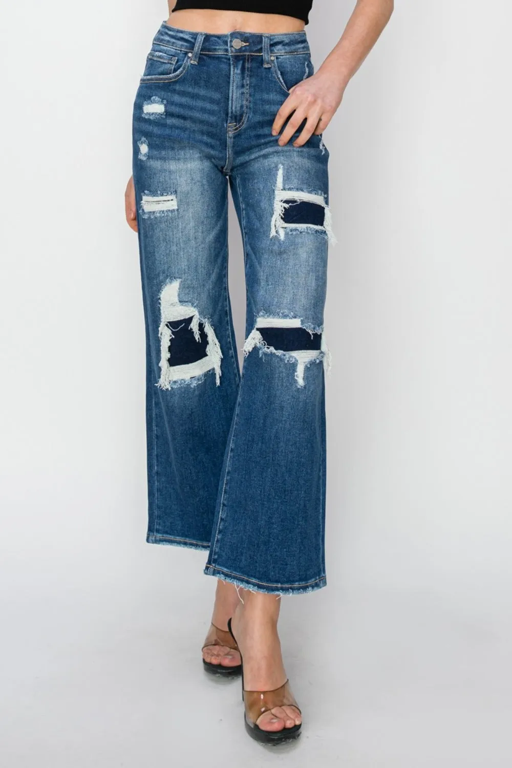 Tasha High Rise Patch Detailed Wide Leg Crop Jeans