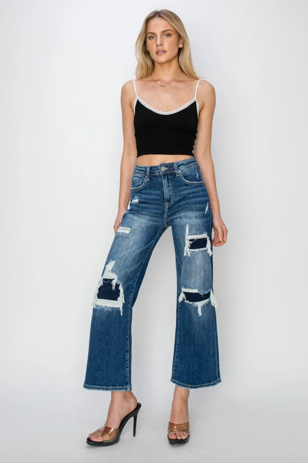 Tasha High Rise Patch Detailed Wide Leg Crop Jeans