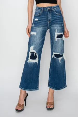 Tasha High Rise Patch Detailed Wide Leg Crop Jeans