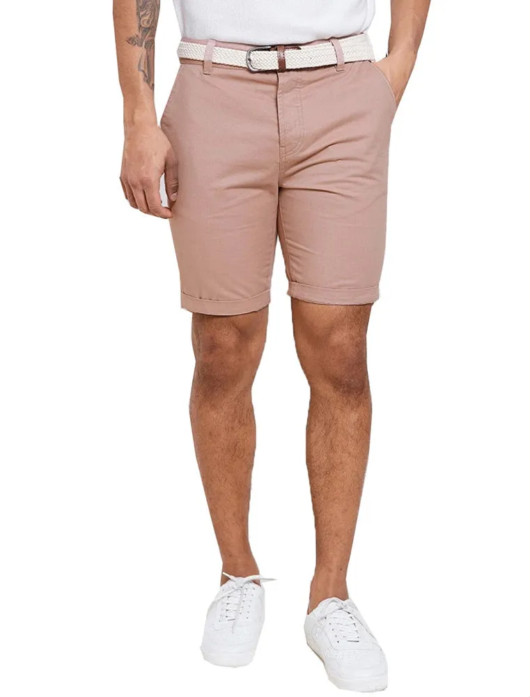 Theo Basic Chino Shorts with Woven Belt in Powder Pink