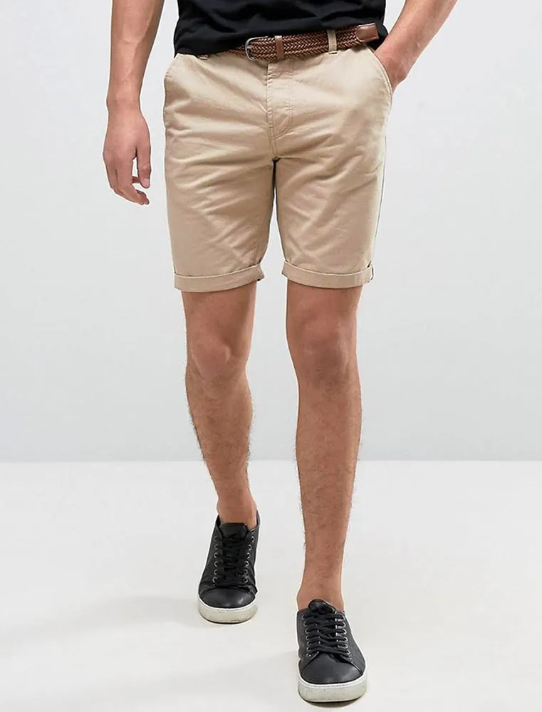 Theo Basic Chino Shorts with Woven Belt in Stone