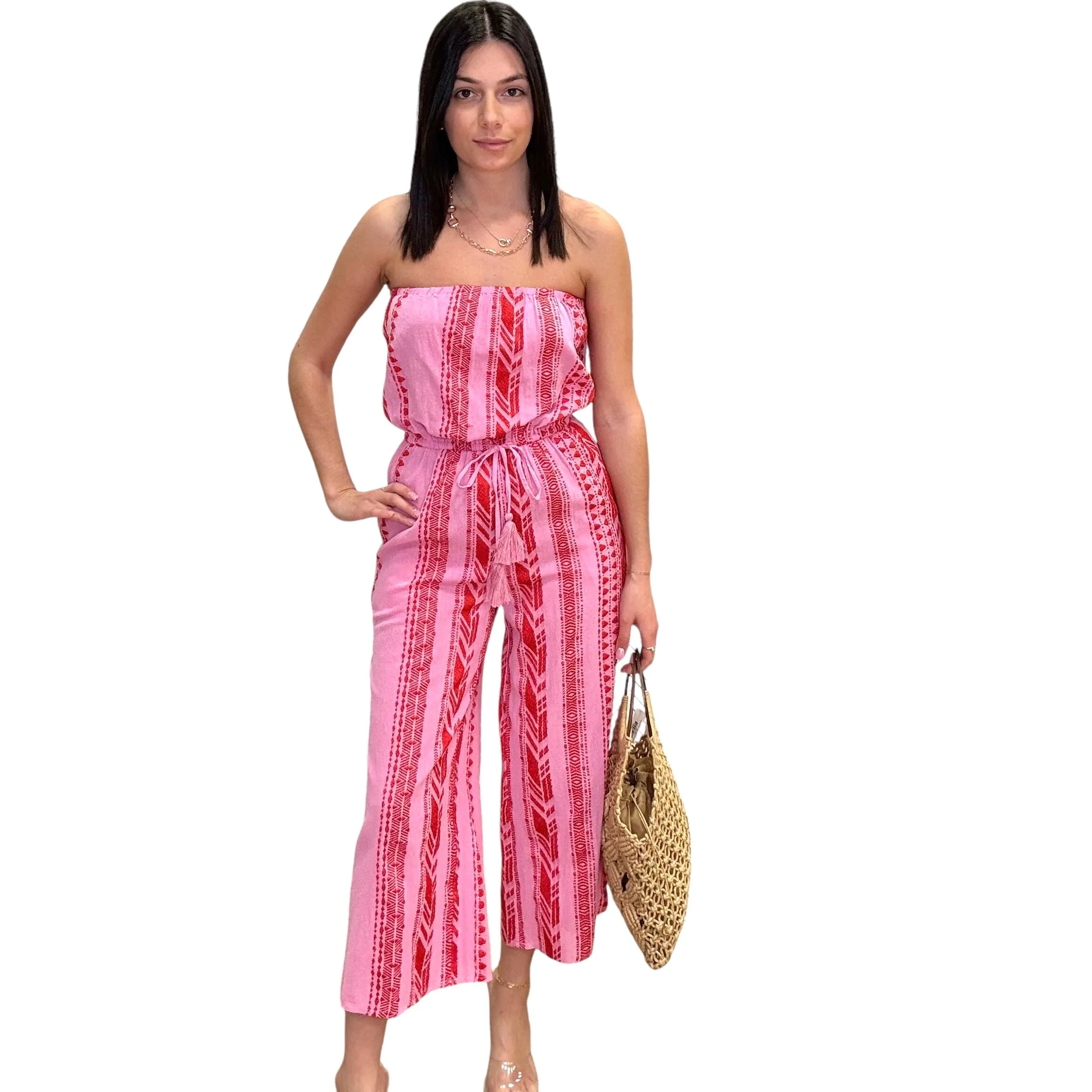 Two Tone Strapless Jumpsuit - Red