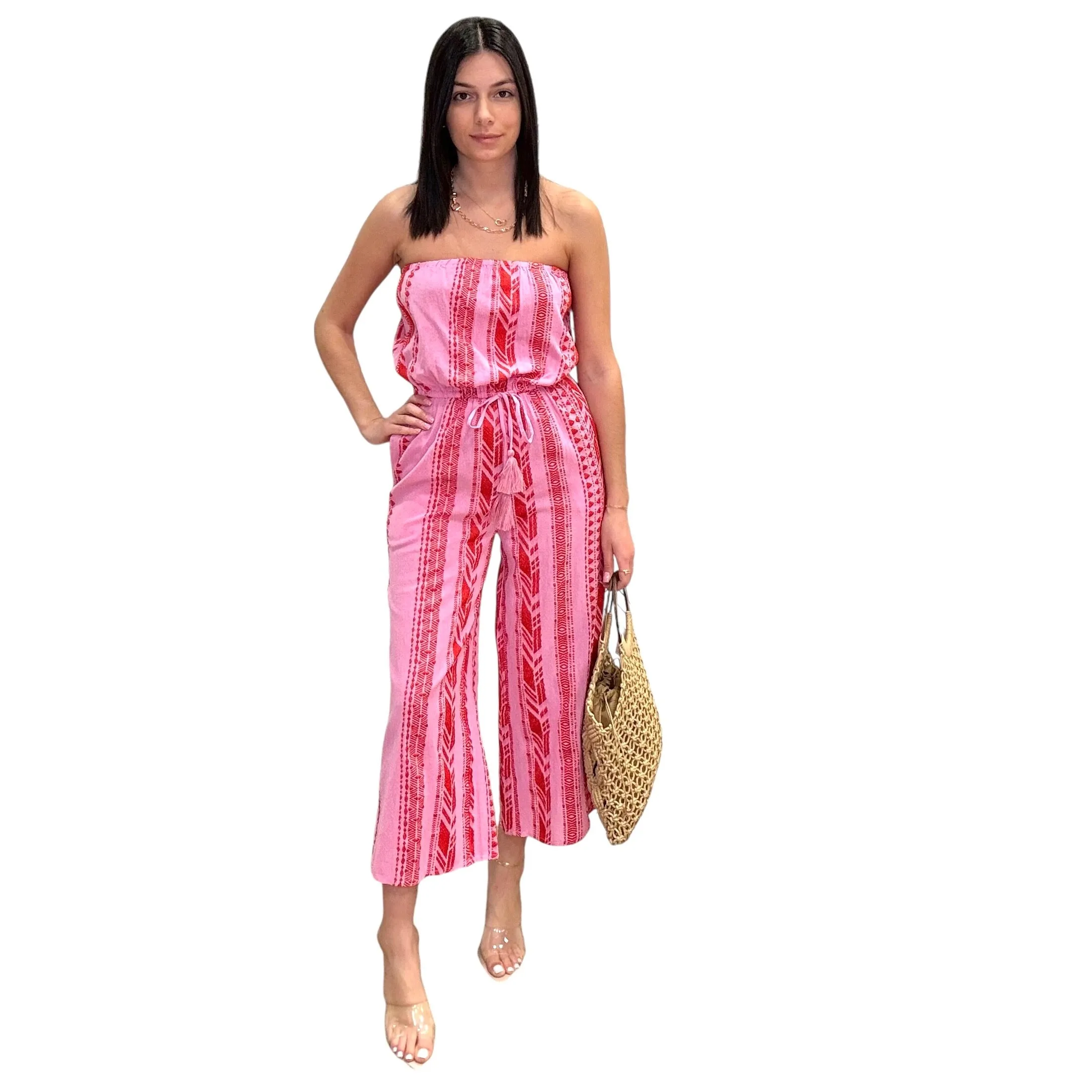 Two Tone Strapless Jumpsuit - Red