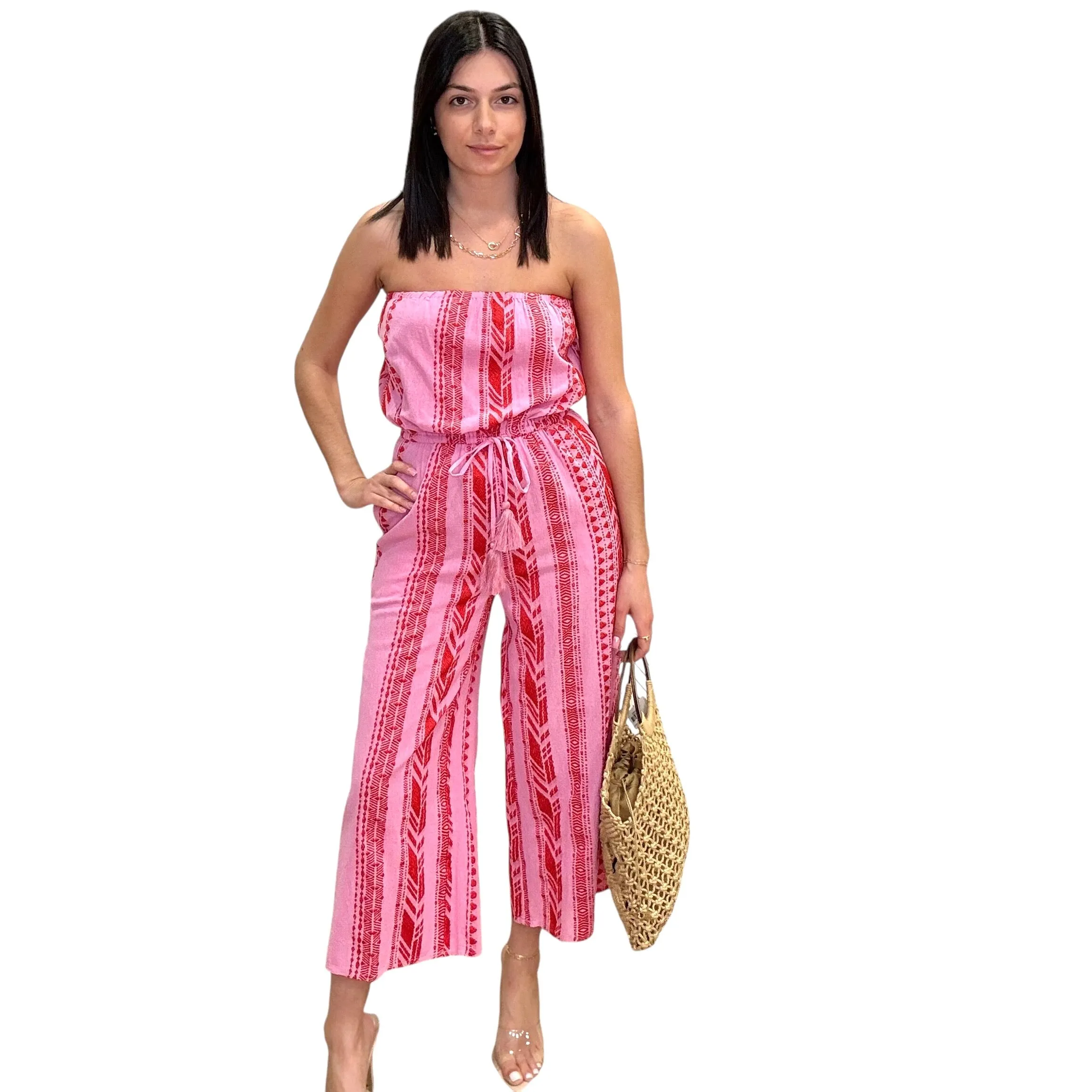 Two Tone Strapless Jumpsuit - Red