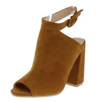 VELMA CAMEL PEEP TOE REAR CUT OUT SLANTED CHUNKY HEEL