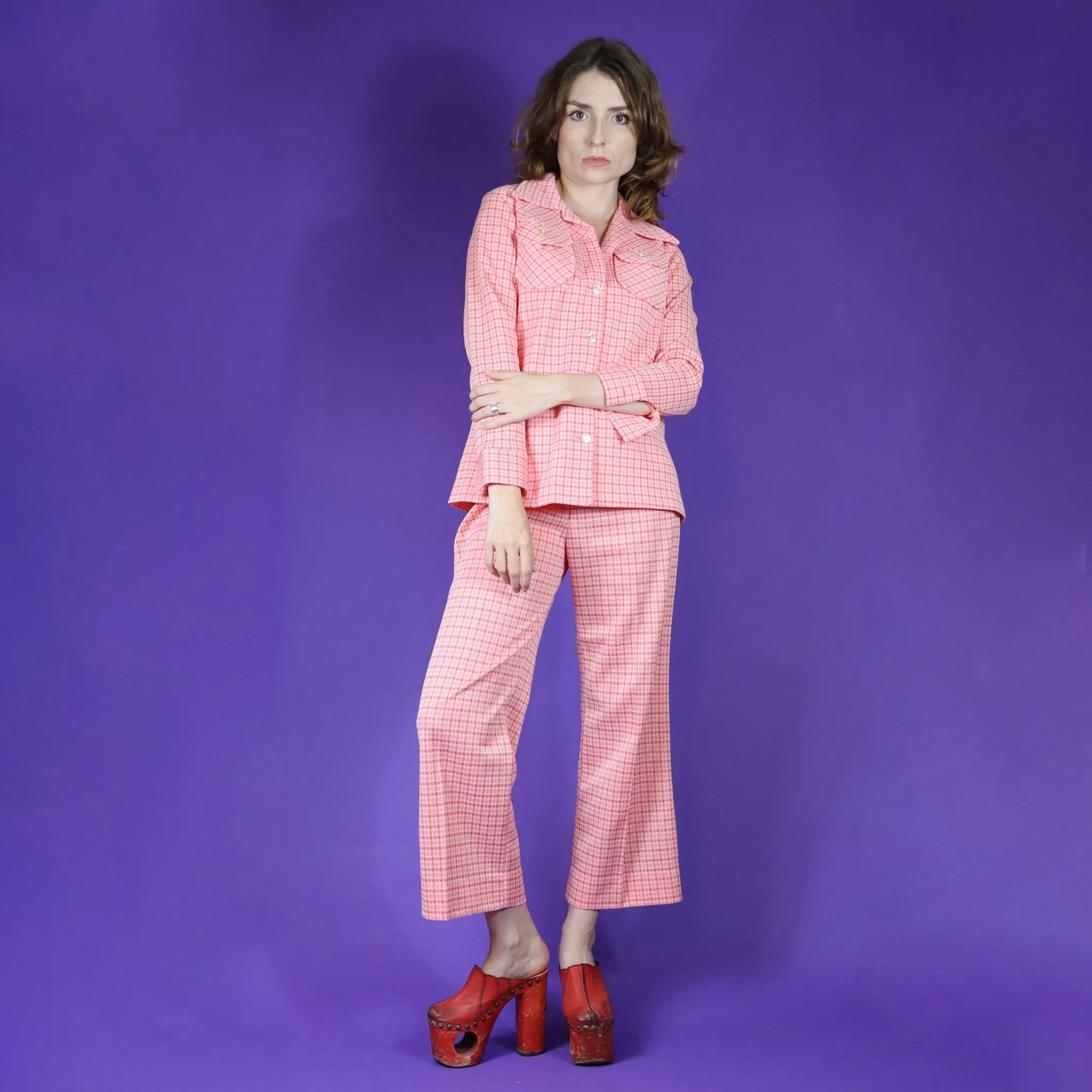 Vintage 1970s Gingham Leisure Pant Suit Pink