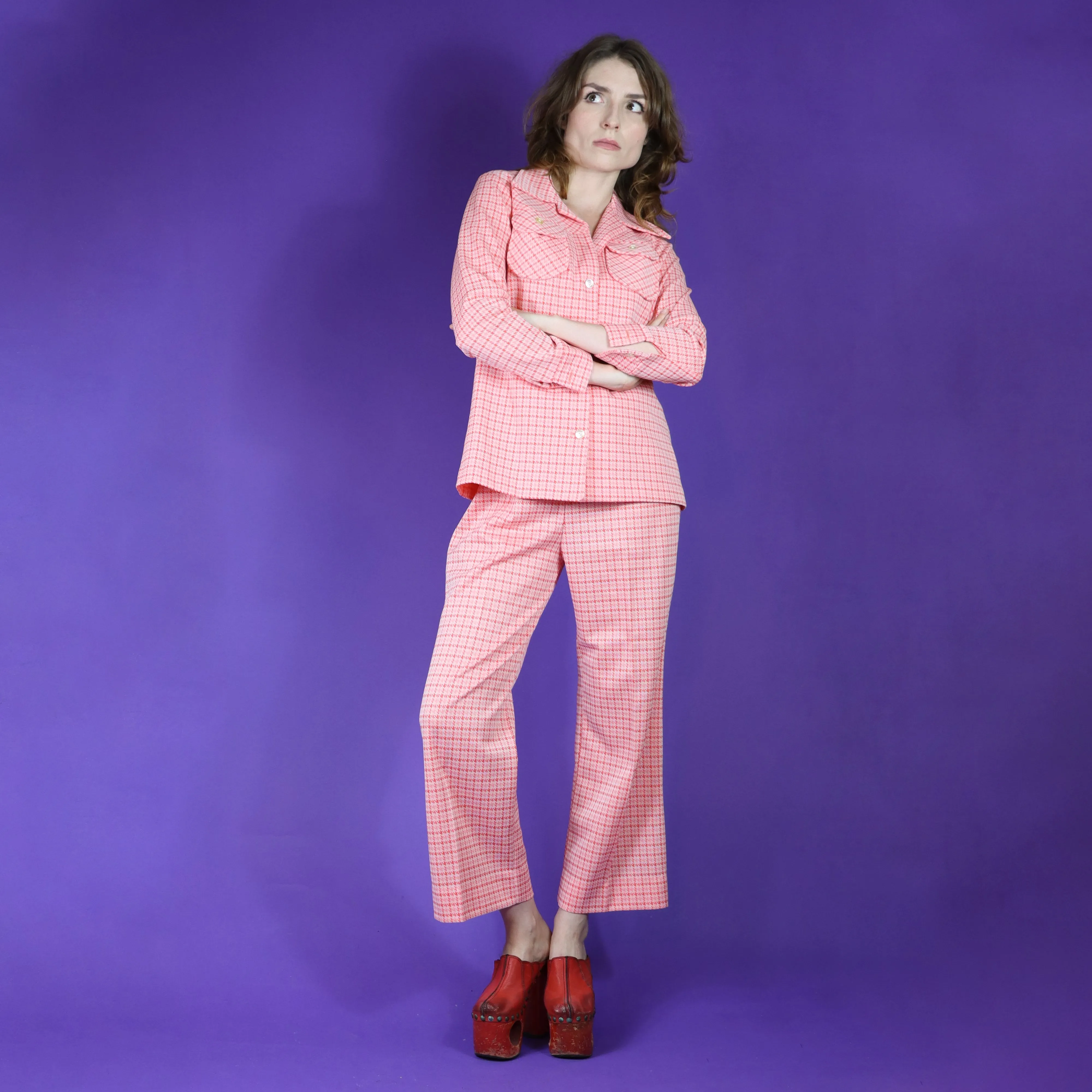 Vintage 1970s Gingham Leisure Pant Suit Pink