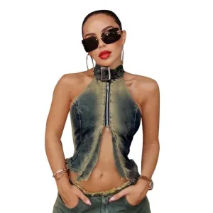 Washed Denim Halter Crop Top