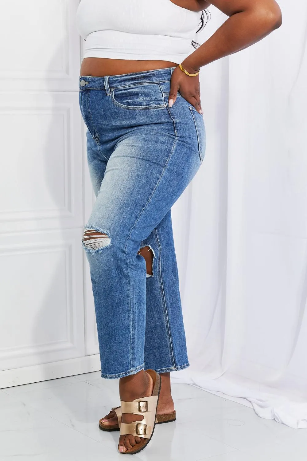 Who Cares High Rise Distressed Straight Leg Jeans