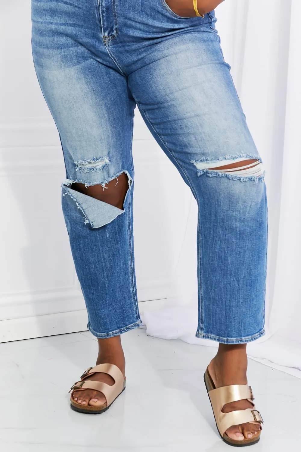 Who Cares High Rise Distressed Straight Leg Jeans