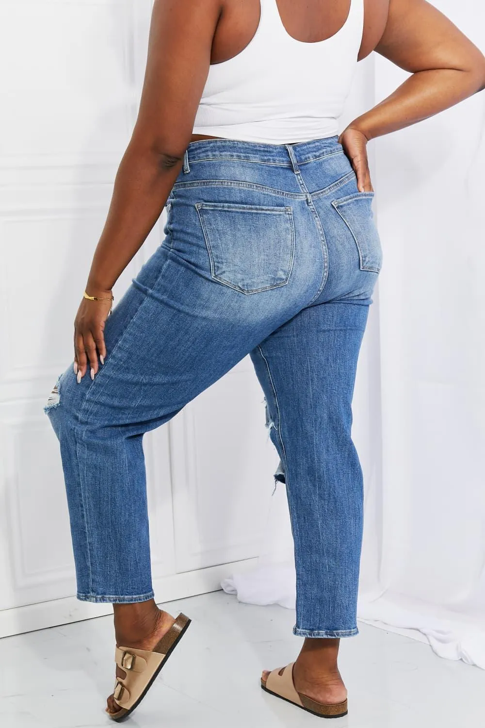 Who Cares High Rise Distressed Straight Leg Jeans