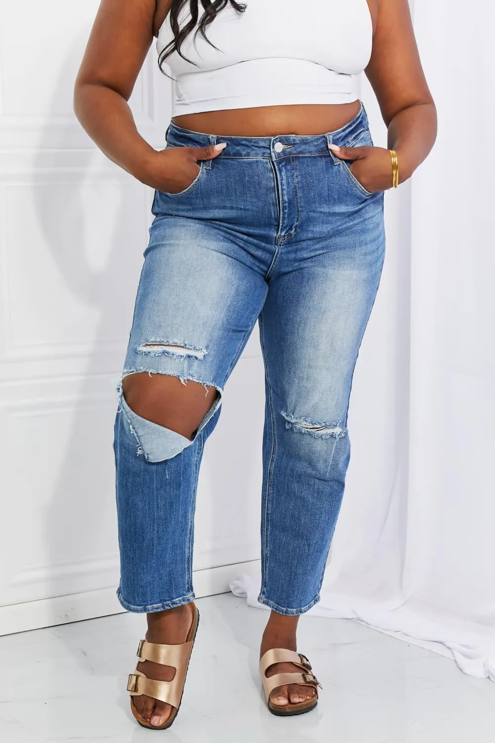 Who Cares High Rise Distressed Straight Leg Jeans