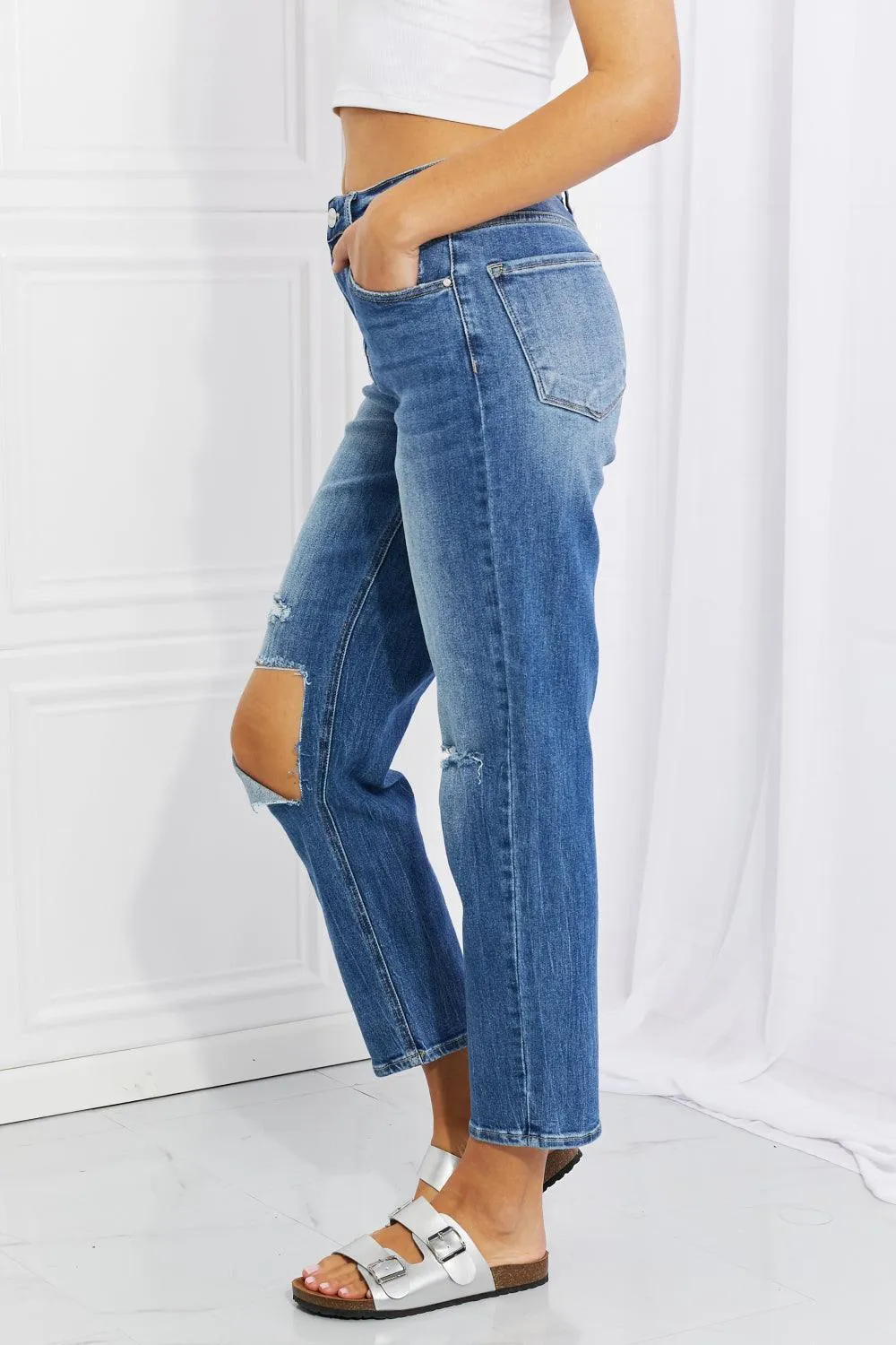 Who Cares High Rise Distressed Straight Leg Jeans
