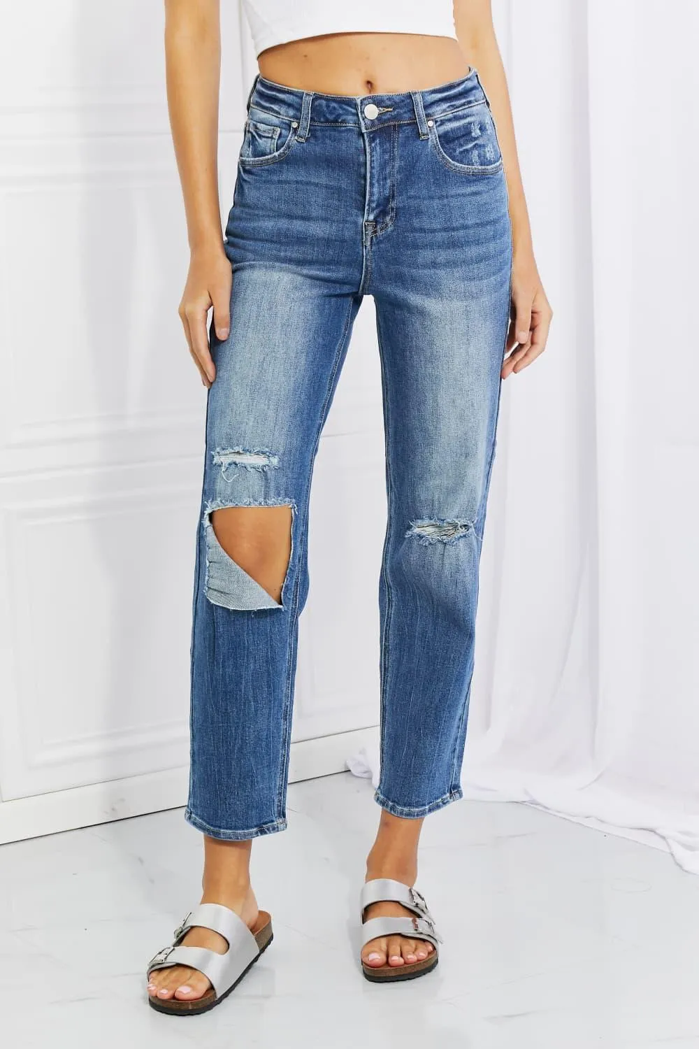 Who Cares High Rise Distressed Straight Leg Jeans