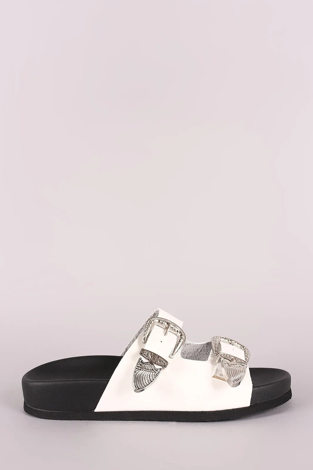 Wild Diva Lounge Etched Buckled Double Band Footbed Sandal