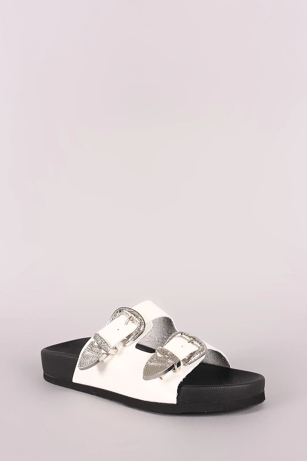 Wild Diva Lounge Etched Buckled Double Band Footbed Sandal