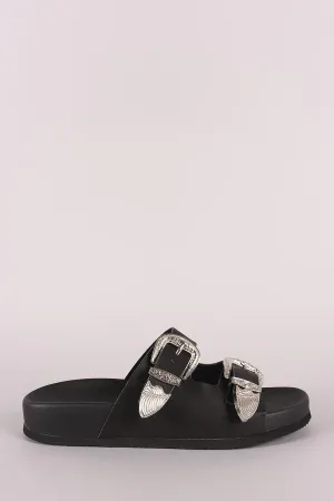 Wild Diva Lounge Etched Buckled Double Band Footbed Sandal