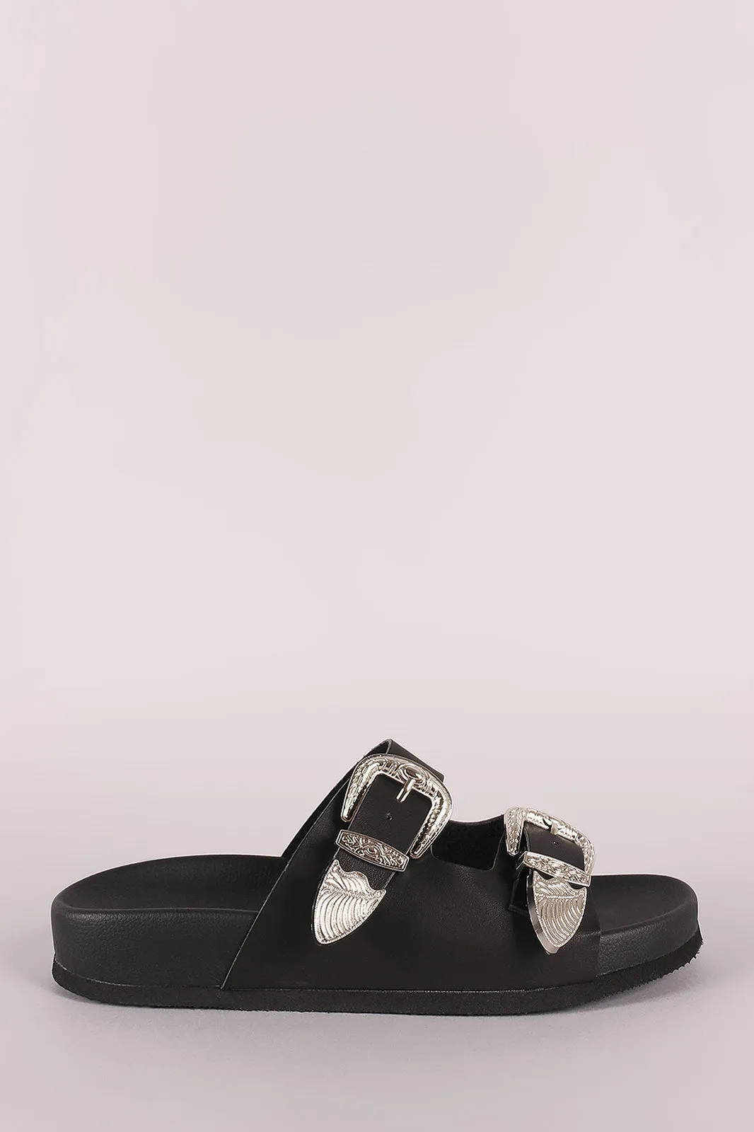 Wild Diva Lounge Etched Buckled Double Band Footbed Sandal