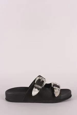 Wild Diva Lounge Etched Buckled Double Band Footbed Sandal
