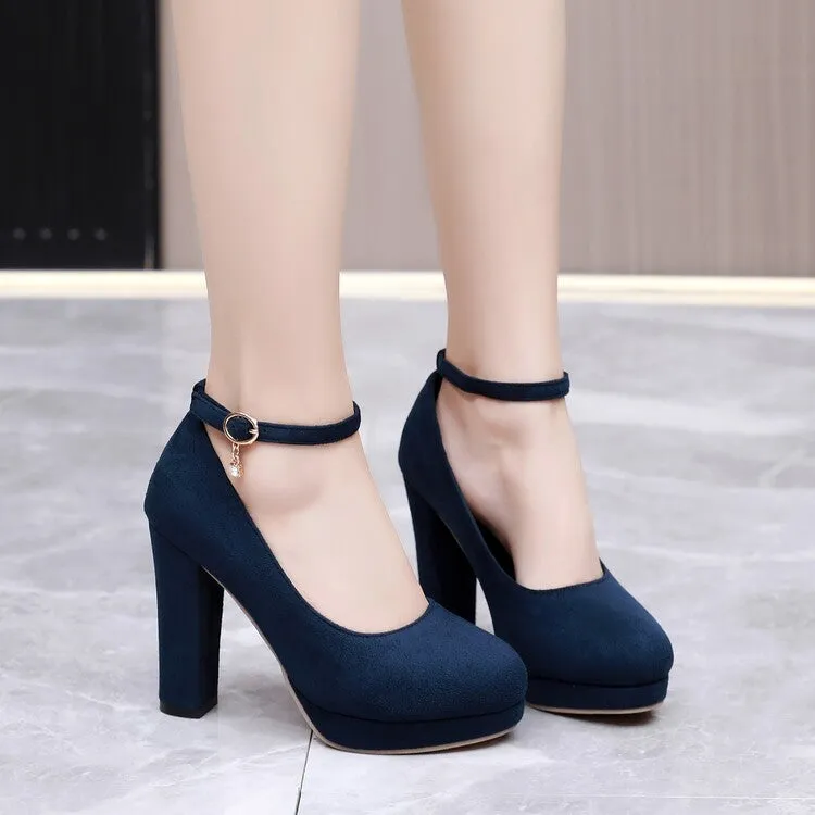 Women Almond Toe Shallow Ankle Strap Chunky Heel Platform Pumps