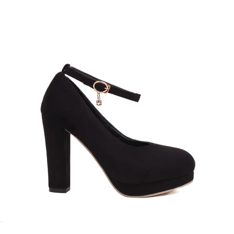 Women Almond Toe Shallow Ankle Strap Chunky Heel Platform Pumps