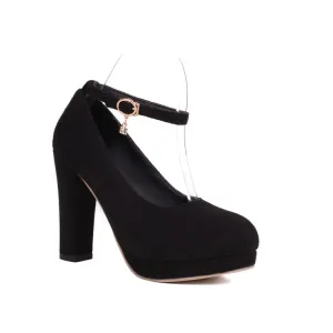 Women Almond Toe Shallow Ankle Strap Chunky Heel Platform Pumps