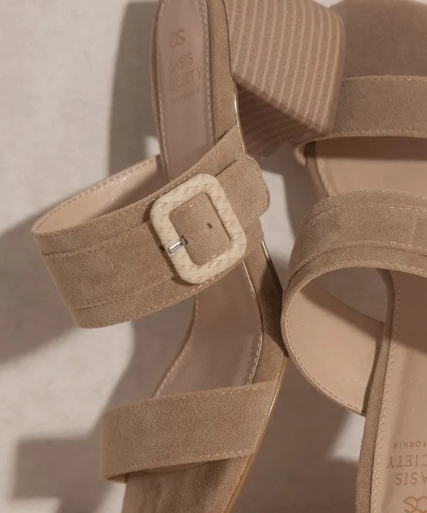 Women Slide Sandal With Side Buckle - Low Block Heels