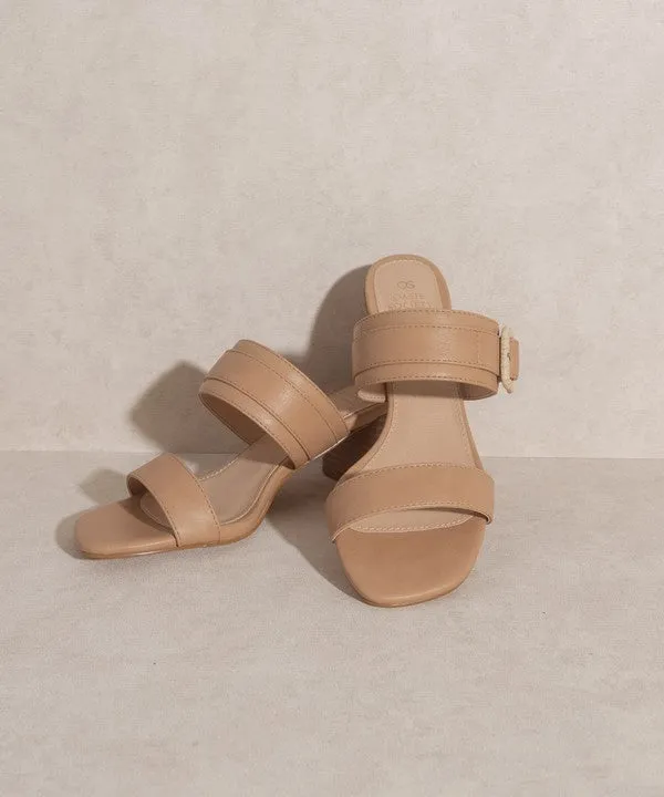 Women Slide Sandal With Side Buckle - Low Block Heels