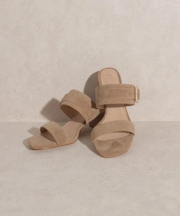 Women Slide Sandal With Side Buckle - Low Block Heels