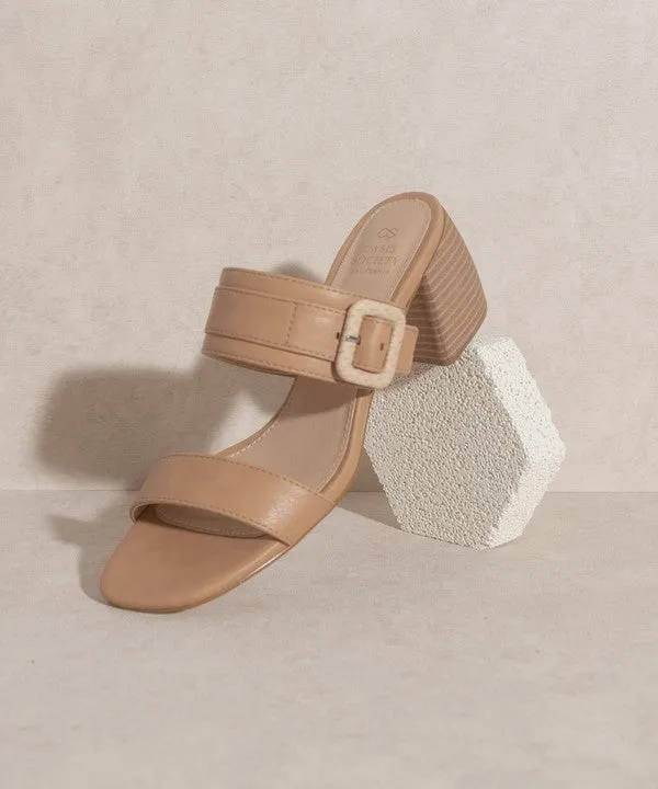 Women Slide Sandal With Side Buckle - Low Block Heels