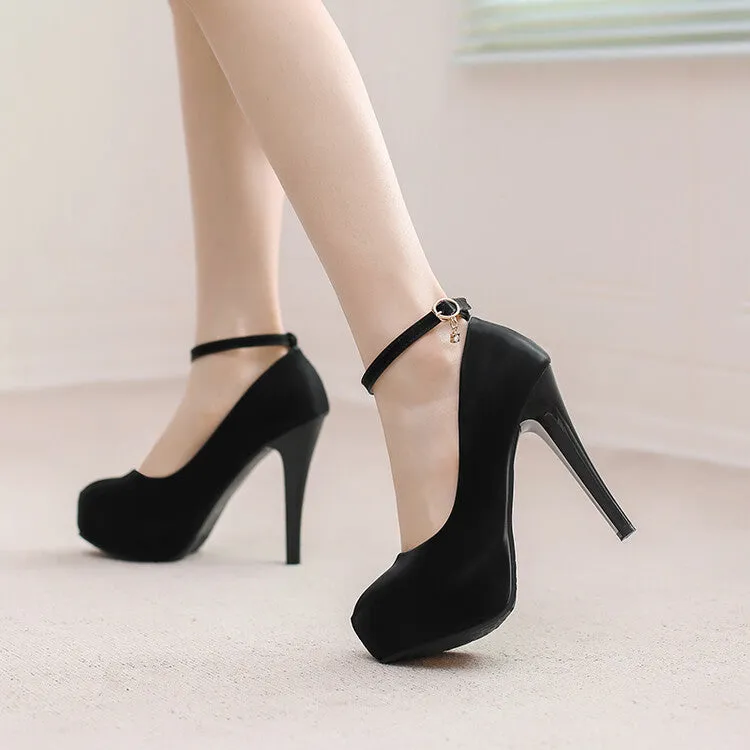 Women's Almond Toe Ankle Strap Stiletto Heel Platform Pumps