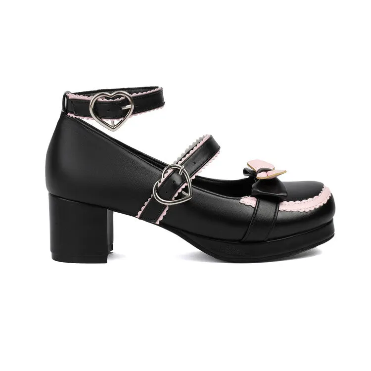 Women's Mary Jane Bow Chunky Heel Platform Pumps High Heels Lolita Shoes